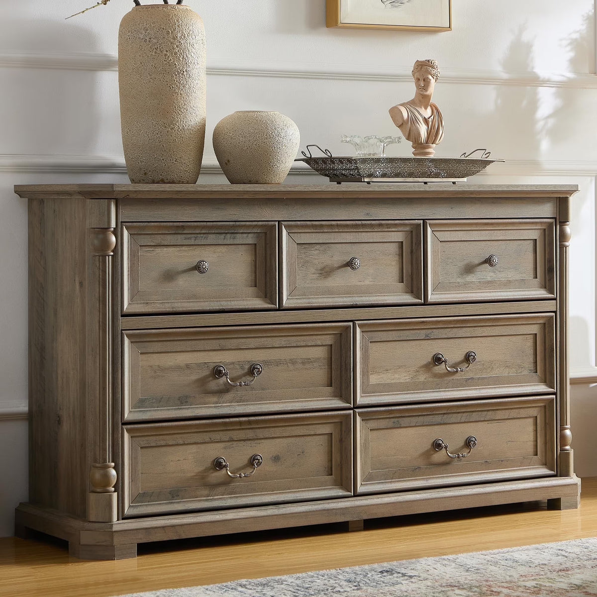 Brafabhome Rattan 6 Drawers Dresser for Bedroom, Vintage Boho Double Dresser Wicker Chest with Wooden Legs for Living Room Hallway| Mint