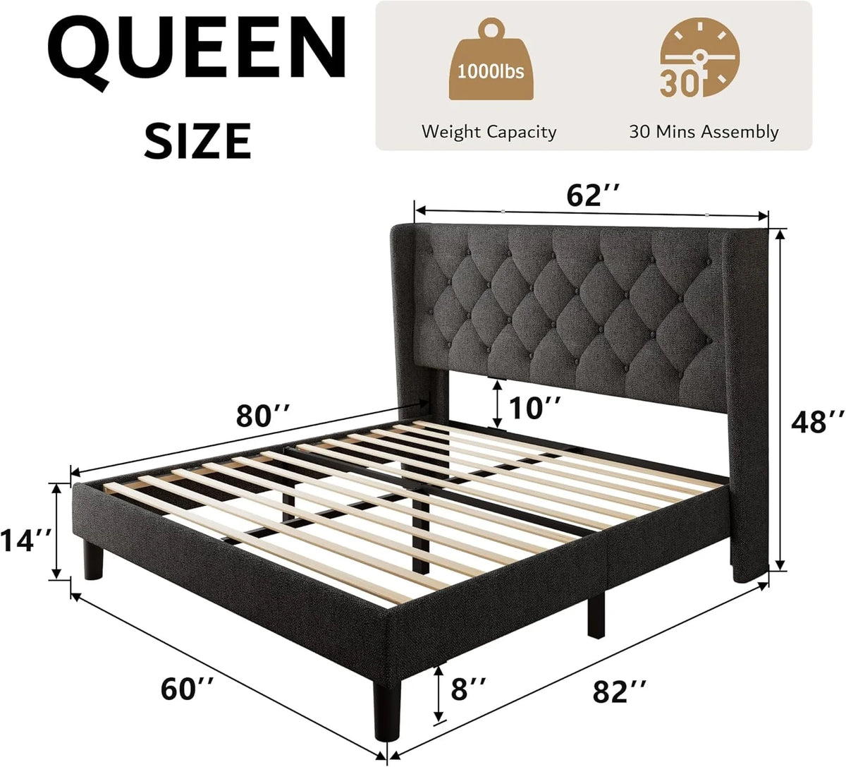 iPormis Full Size Bed Frame with Diamond Button Tufted Wingback Headboard, Upholstered Platform Bed Frame with Strong Wood Slat Support, Light Gray