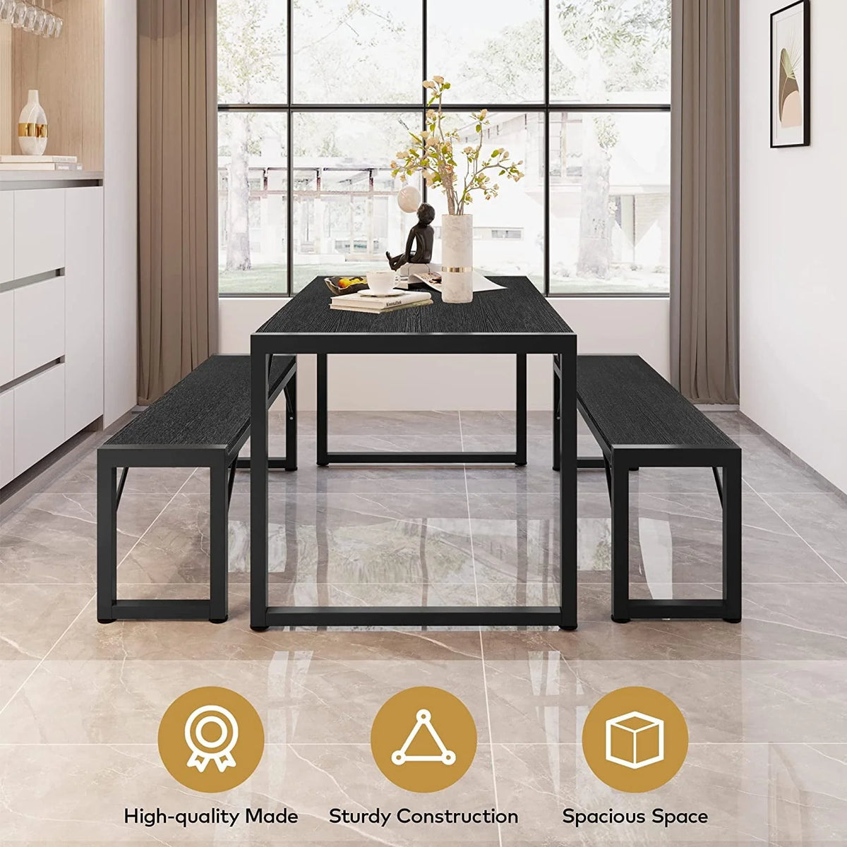 Dining Table Set for 4 People with 2 Benches, Dinette Set, 550lbs, Black