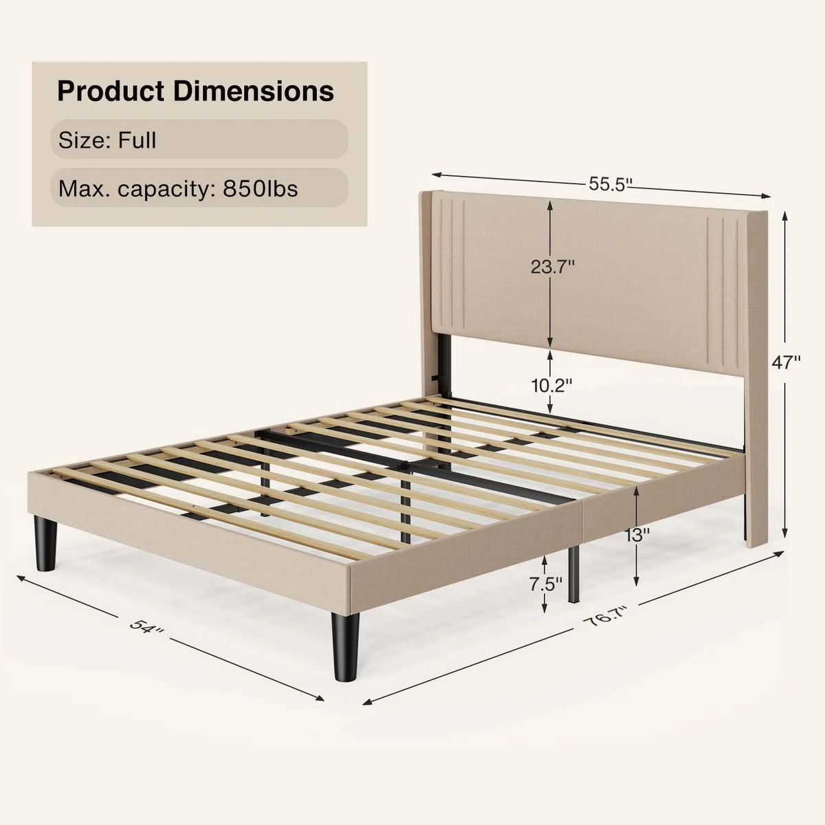 Full Size Bed Frame with Headboard, Under-Bed Storage, 850lbs, Beige