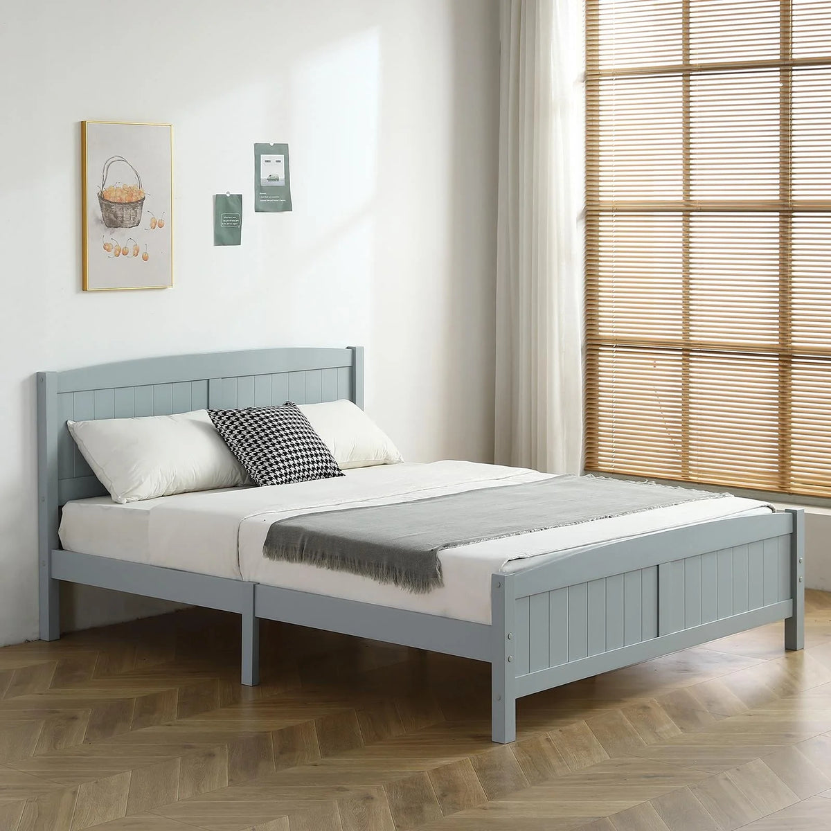 Zimtown Queen Bed Frame,Solid Pine Wood Kids Twin Platform Bed Frame, Bedroom Queen Bed with Headboard for Adults, Gray