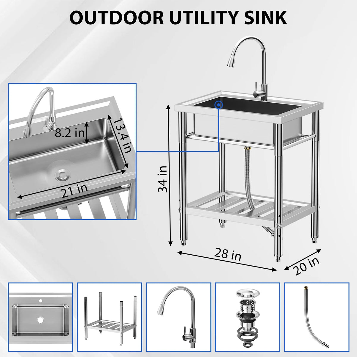 Maritcute 28"x20"x34" Stainless Steel Utility Sink with Hot/Cold Faucet, NSF Certified, for Home and Commercial Use