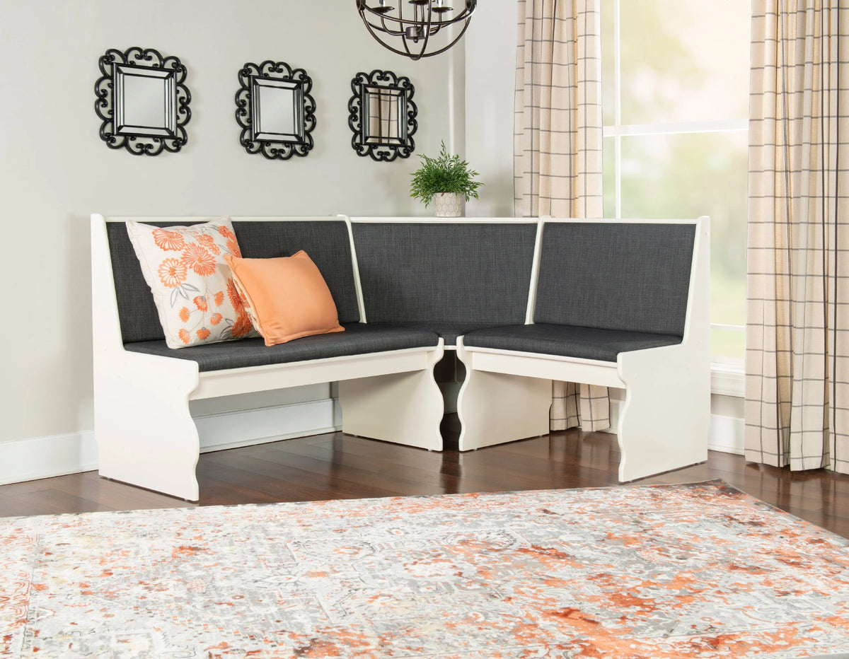 Linon Weston Corner Dining Breakfast Nook with Table and Bench, Seats 5-6, White Finish with Charcoal Fabric