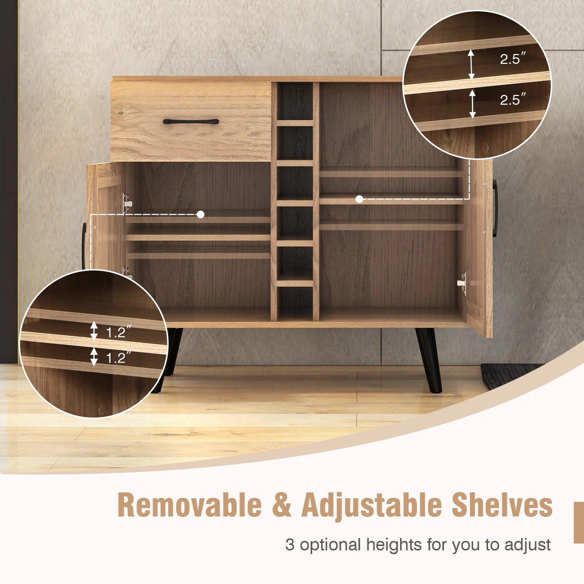 Costway 2-Door Wine Bar Cabinet Kitchen Sideboard Buffet with Drawer & Adjustable Shelves Natural