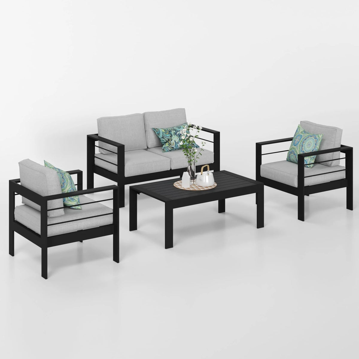 CozyHom 5 Pcs Outdoor Patio Aluminum Furniture Sofa Sets, Outside Patio Conversation Couch Sets With Table&Cushions for Garden Porch, Gray