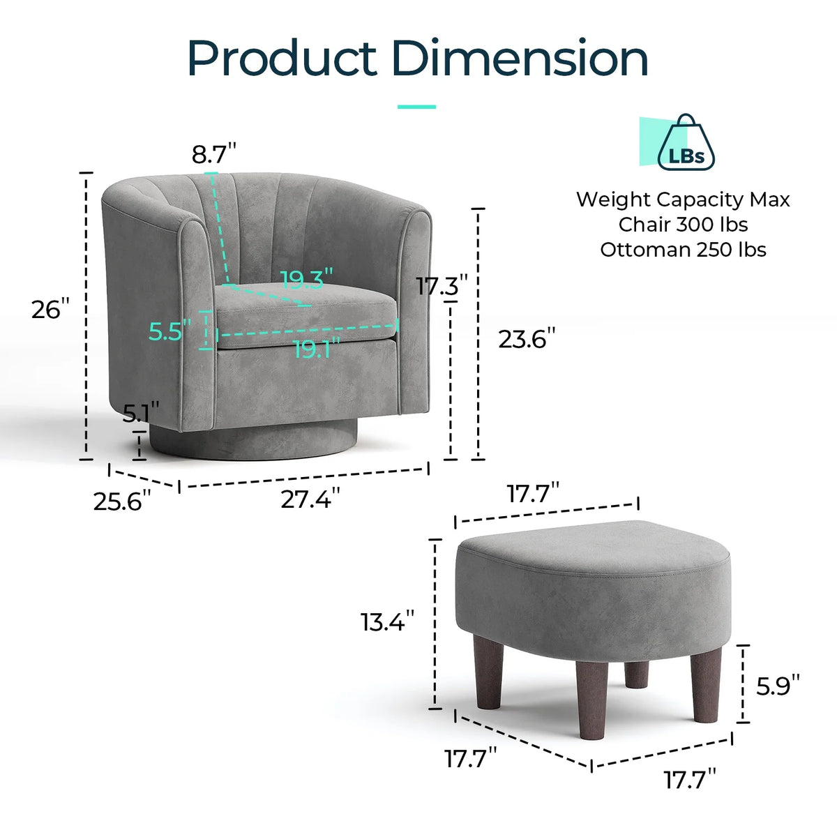 LINSY HOME Swivel Accent Chair with Ottoman, Velvet Barrel Chair for Living Room, Blue