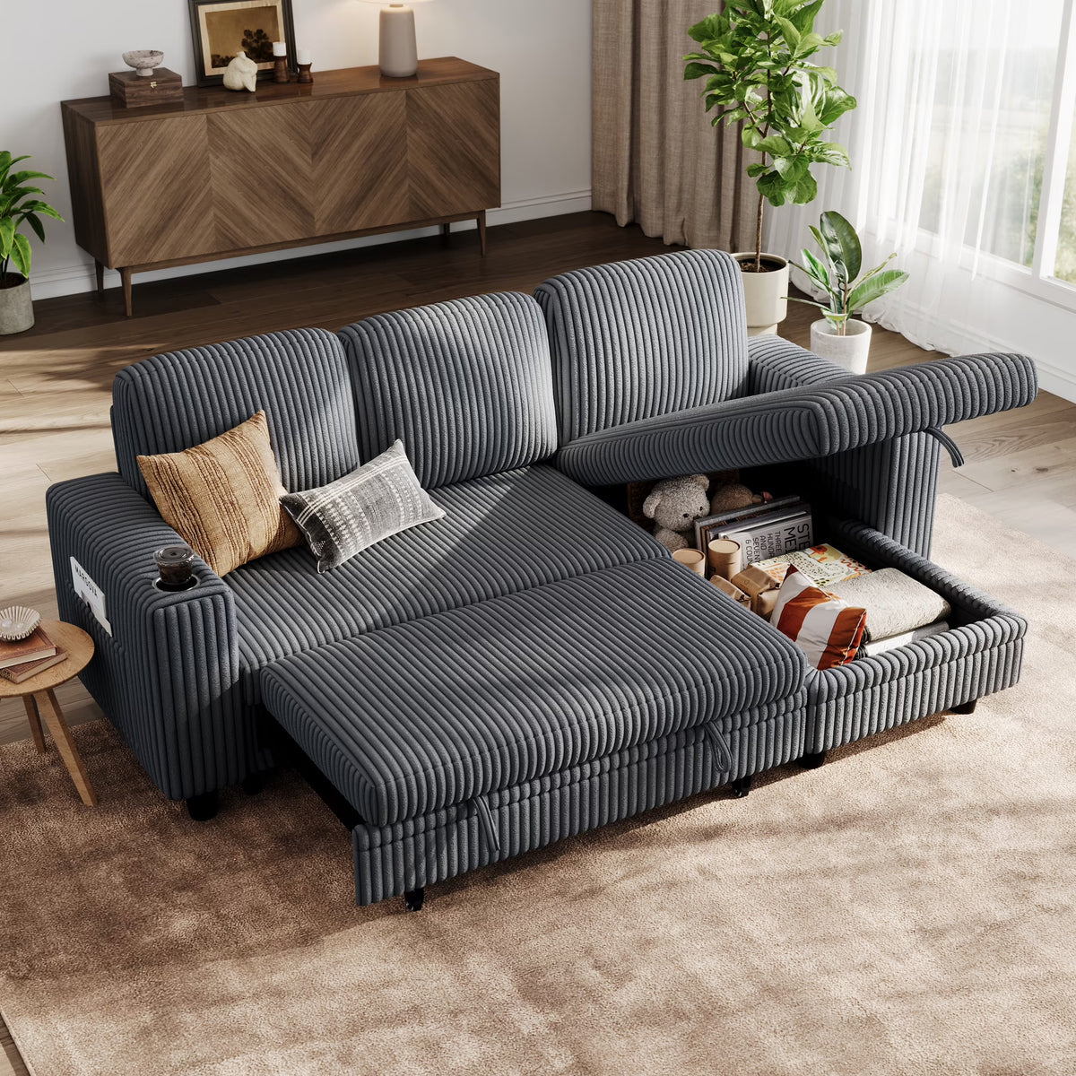 Linsy Home Plush Corduroy Sleeper Sofa Bed with Reversible Storage Chaise, Pull Out Couch Bed with USB, Cup Holder, Side Pocket, L Shaped Sectional Couches for Living Room, Apartment, Dark Grey