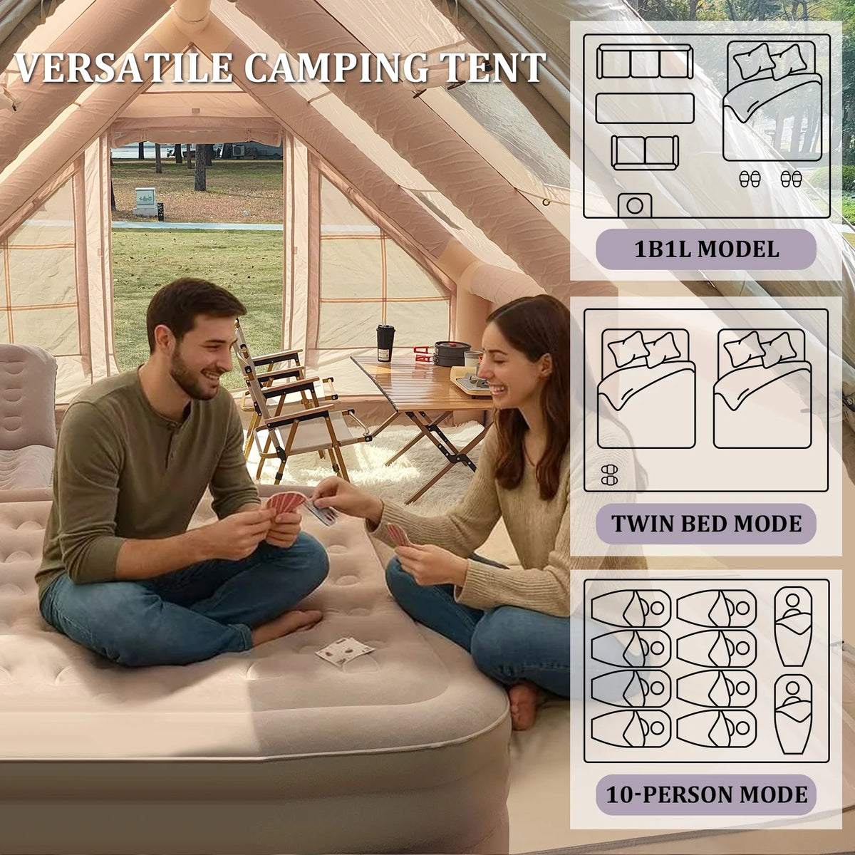 Inflatable Camping Tents 4/6/8/10 Person,129 Square Feets Large Blow up Tent with Stove Jack