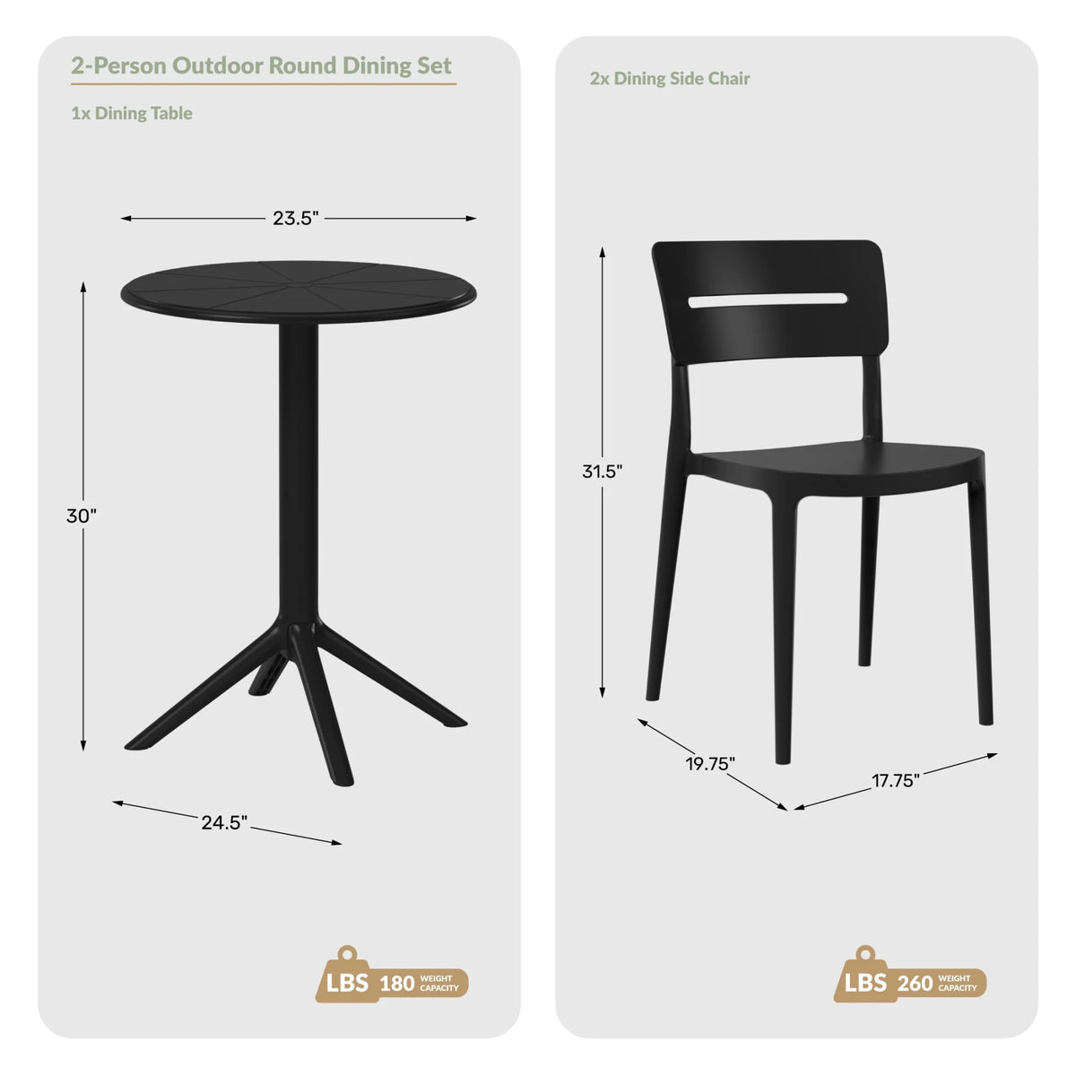 WestinTrends Playa 3-Piece Outdoor Resin Patio Bistro Set with Stackable Patio Dining Chairs, Black