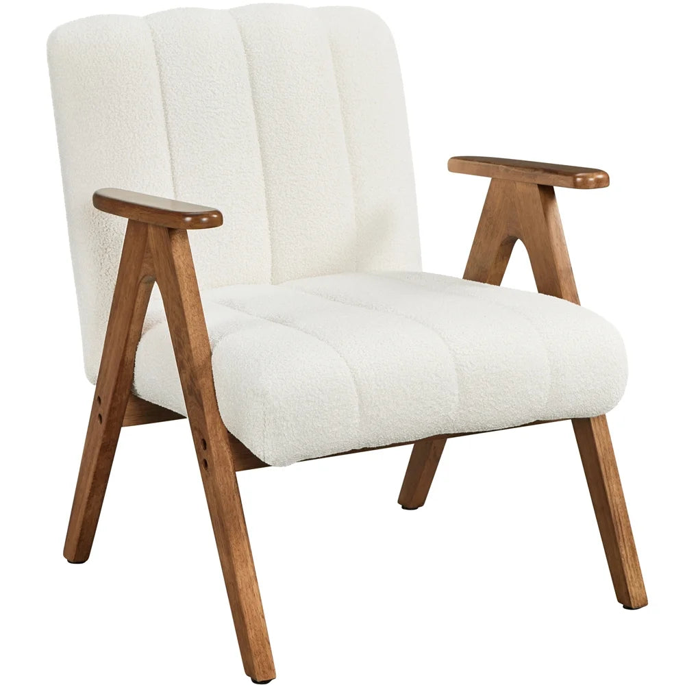 Yaheetech Mid Century Modern Boucle Upholstered Accent Chair with Solid Wood Legs, White