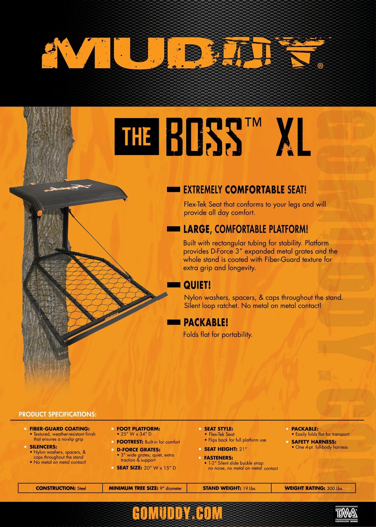 MUDDY Boss XL Hang-on, Durable Weather-Resistant Outdoor Hunting Tree Stand, Wide Stance Platform with Fixed Footrest & Flip-Back Flex-Tek Seat, 300 Pound Maximum Capacity