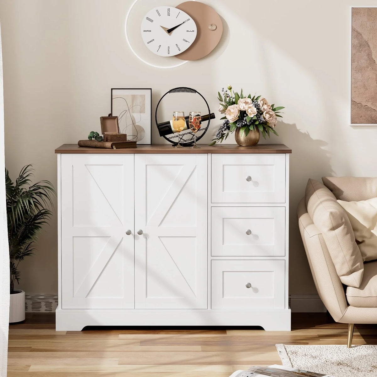 Homfa Farmhouse Buffet Sideboard with 3 Drawers, 2 Door White Wood Credenza Accent Cabinet for Dining Room Living Room