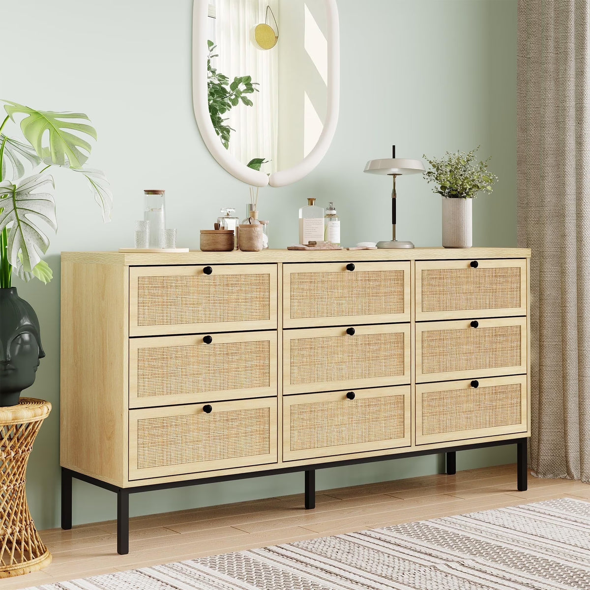 Brafabhome Rattan 6 Drawers Dresser for Bedroom, Vintage Boho Double Dresser Wicker Chest with Wooden Legs for Living Room Hallway| Mint