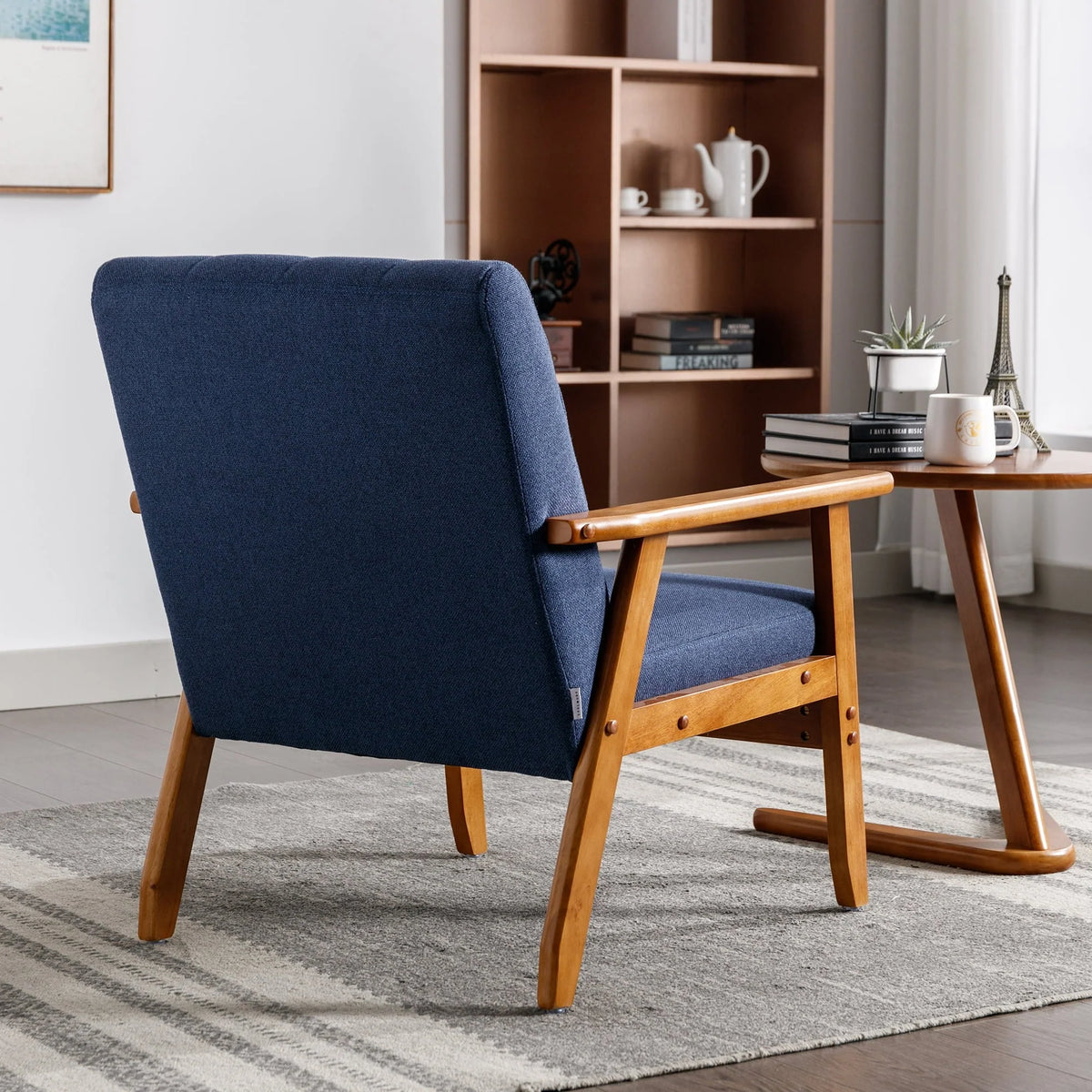 Ufurpie Mid Century Modern Armchair with Wood Frame,Linen Fabric Comfy Reading Chair,Accent Chair for Living Room Bedroom,Navy