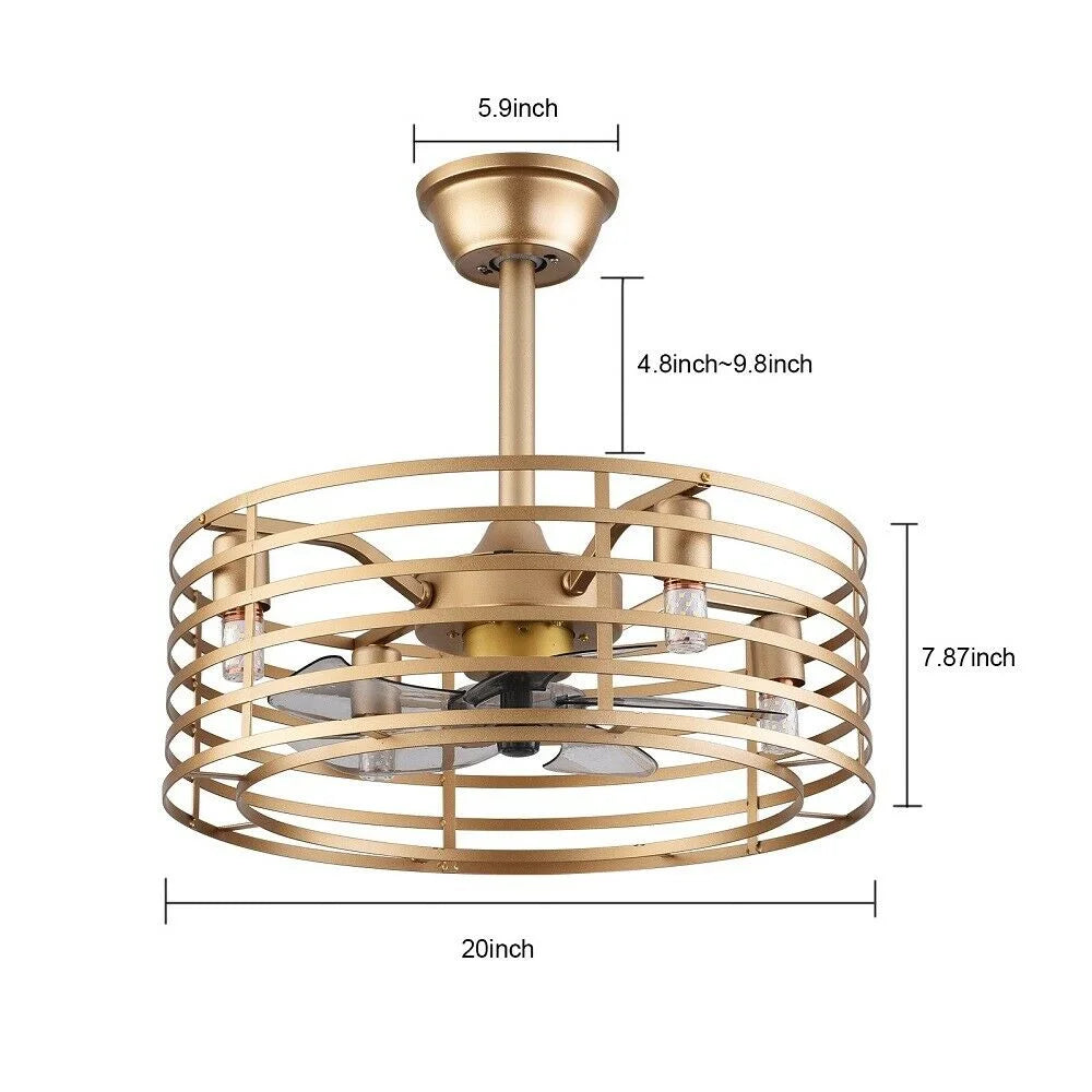 20in Retro Golden Caged Bladeless Ceiling Fan Light with Remote Control 40W