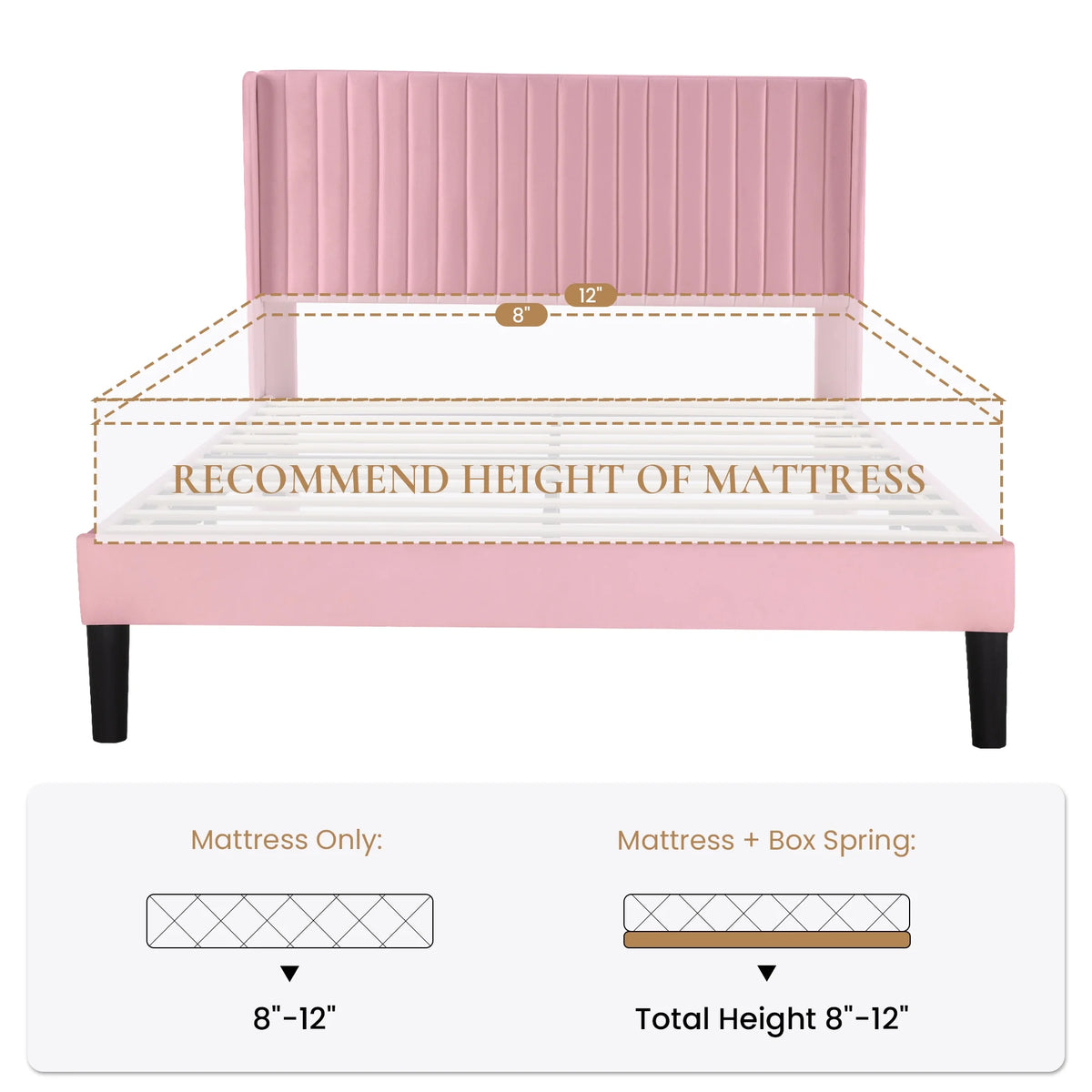 Sha Cerlin Queen Size Upholstered Platform Bed Frame with Velvet Channel Wingback Headboard, Off White