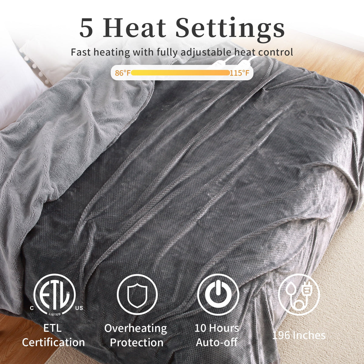 GAOMON Electric Heated Blanket King Size with Dual Control �C Sherpa Throw Blanket with 4 Fast Heating Levels & 10 Hours Auto Off, Machine Washable, ETL Certified, Gray