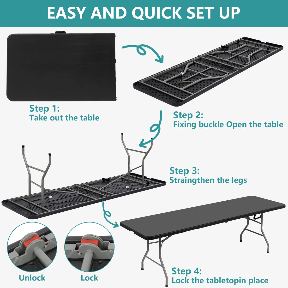 Harigal 8ft Folding Table Portable Fold-in-Half Design with Handle, Large Folding Table for Indoor Outdoor Events, Black