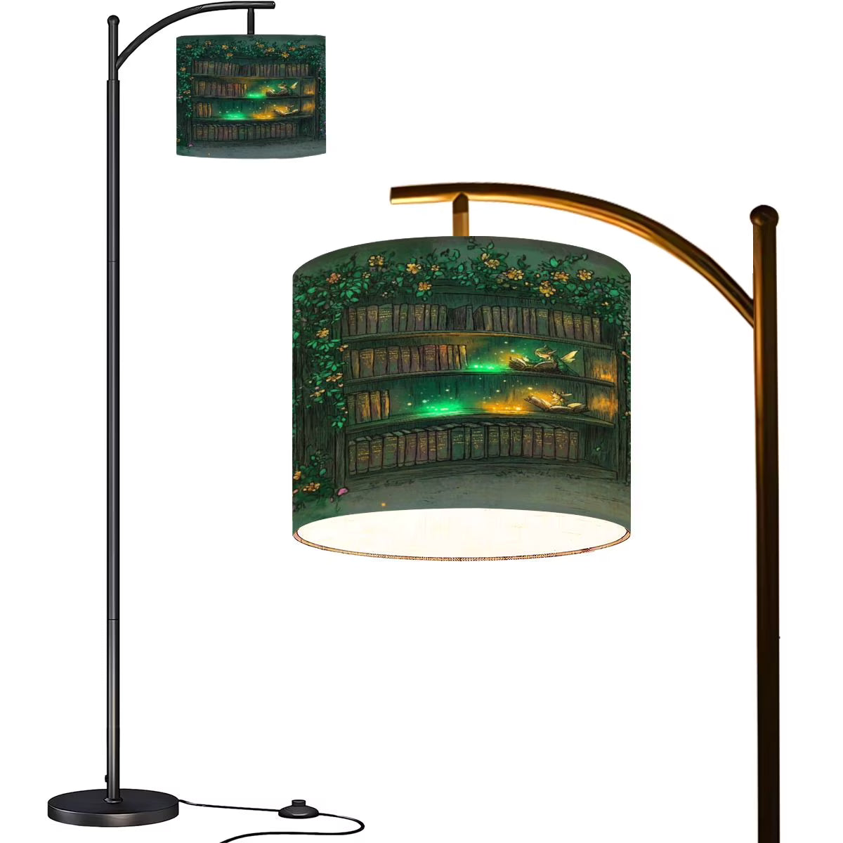 Arc Floor Lamps Surreal Bookshelf Dreamlike Sky Art Print Modern LED Adjustable Lampshade Standing Light for Living Room Reading Bedroom Office