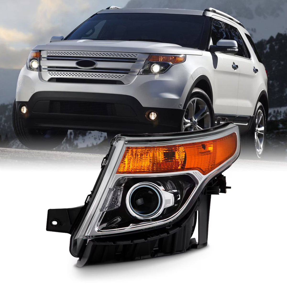 AKKON - For 2011-15 Ford Explorer Driver + Passenger Projector Headlight Assembly Chrome Housing Clear Lens Full Set