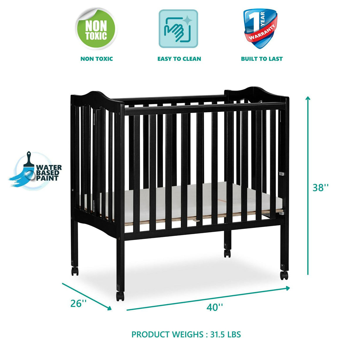 Dream On Me 2-in-1 Lightweight Folding Portable Crib. Black