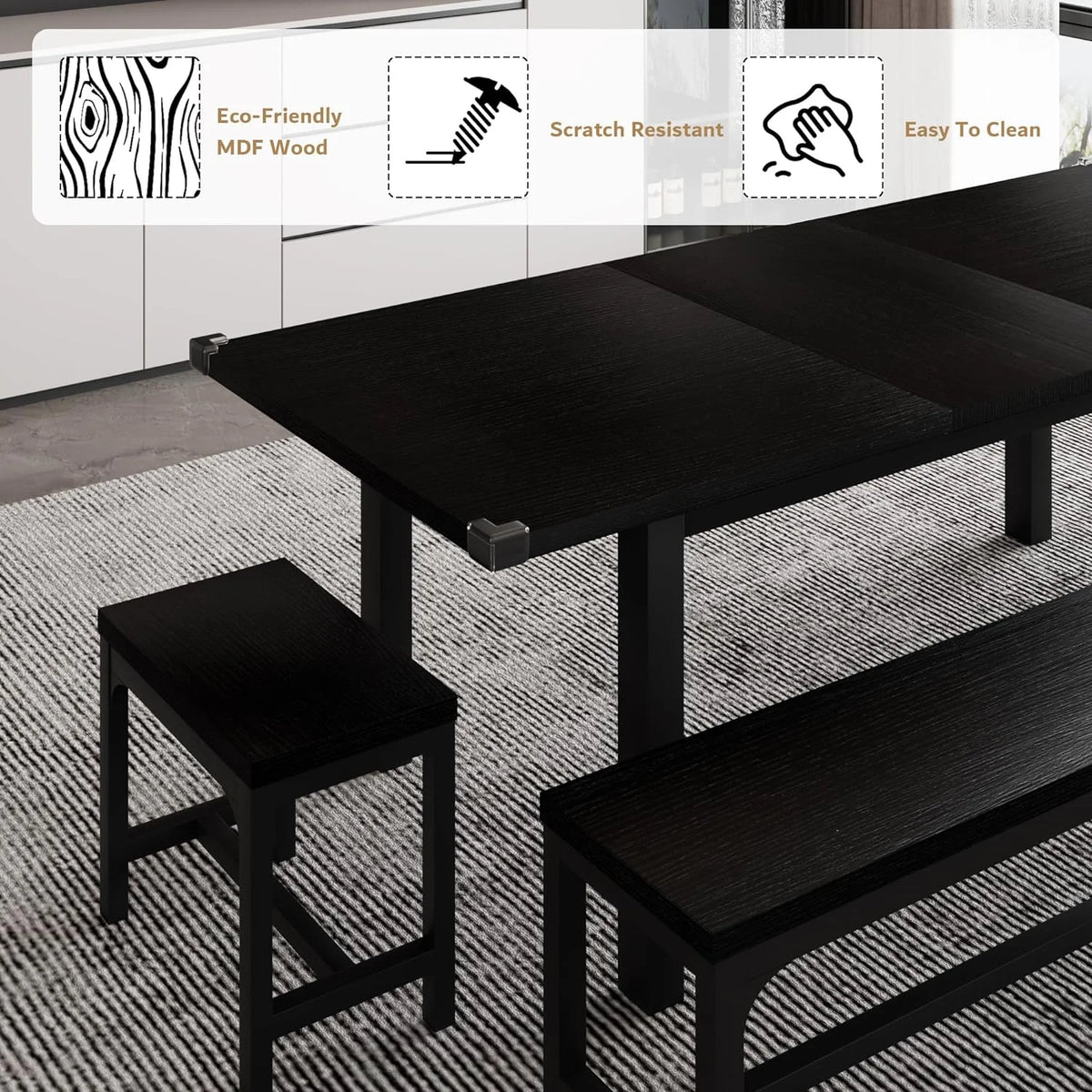 iPormis 5-Piece Dining Table Set for 4-8 People, Extendable Kitchen Table Set with 2 Benches and 2 Square Stools, Black
