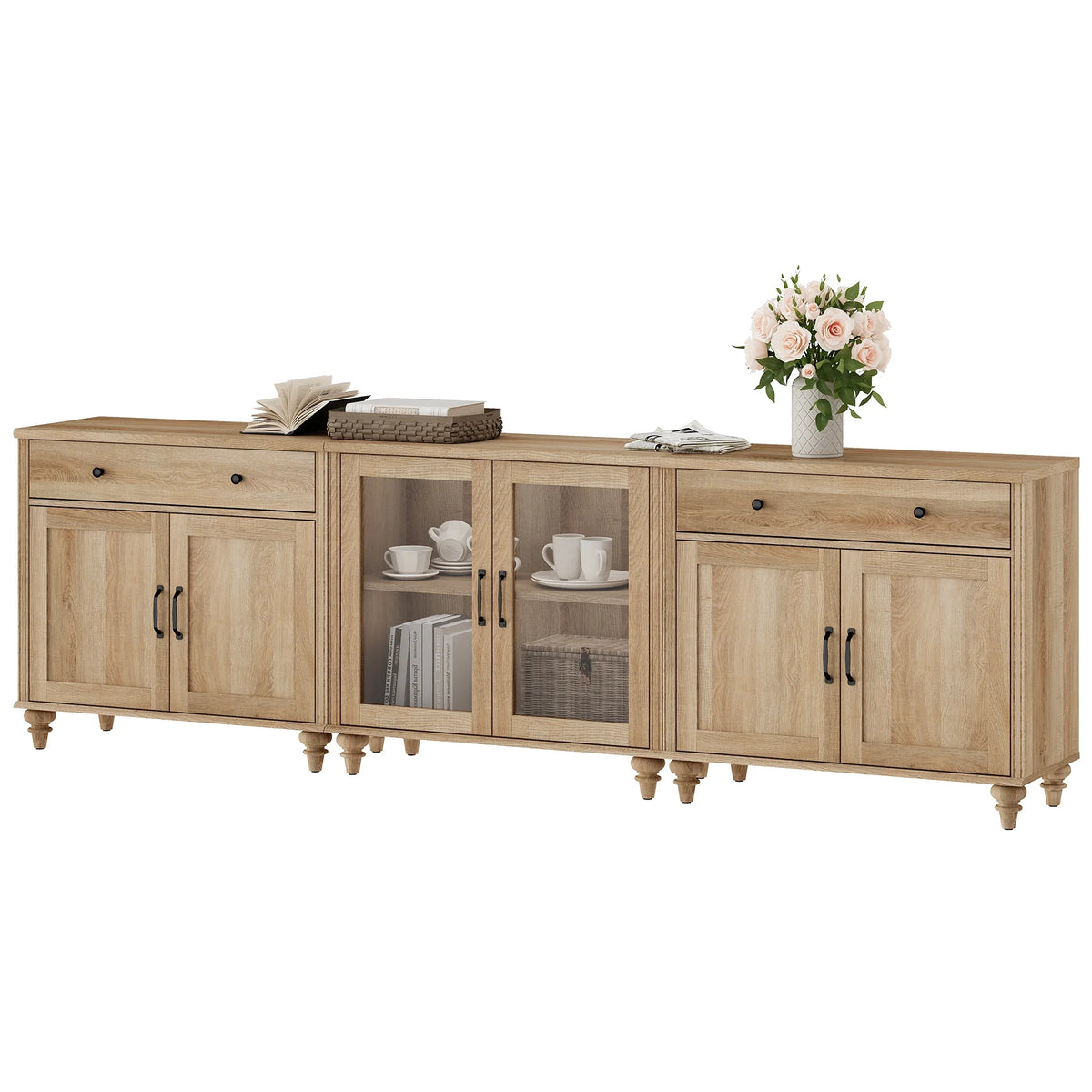 TV Stand for 100 Inch TV, 3-in-1 TV Console Table for 75/80/85/90 Inch TV, Farmhouse  Entertainment Center with Glass & Wooden Door, Kitchen Sideboard Buffet Cabinet for Dining Room, Oak
