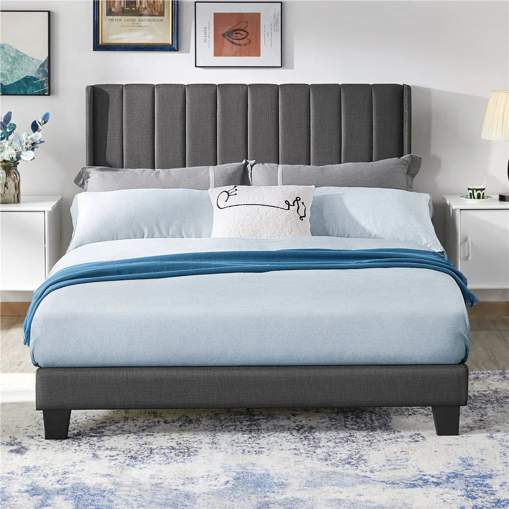 Yaheetech Upholstered Wingback Bed with Support and Mattress Foundation, Queen, Dark Gray