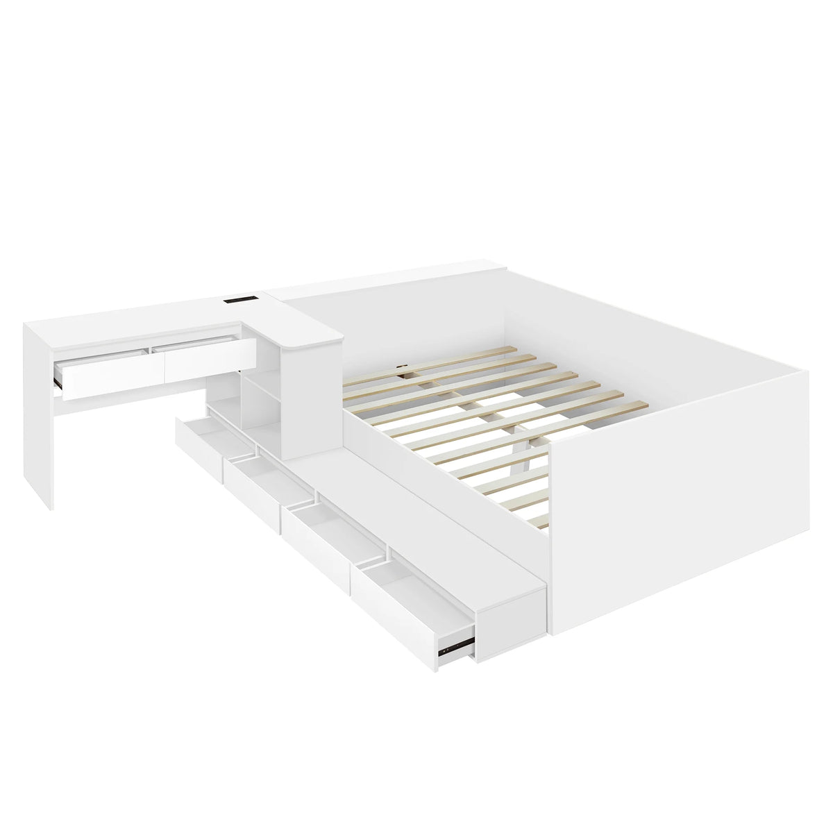 Full Size White Wooden Platform Bed w/ 6 Drawers, Vanity Desk &amp; Shelves - Bedroom Furniture. Space-saving design. Includes storage, perfect for small spaces. 75.3"L x 100.9"W.