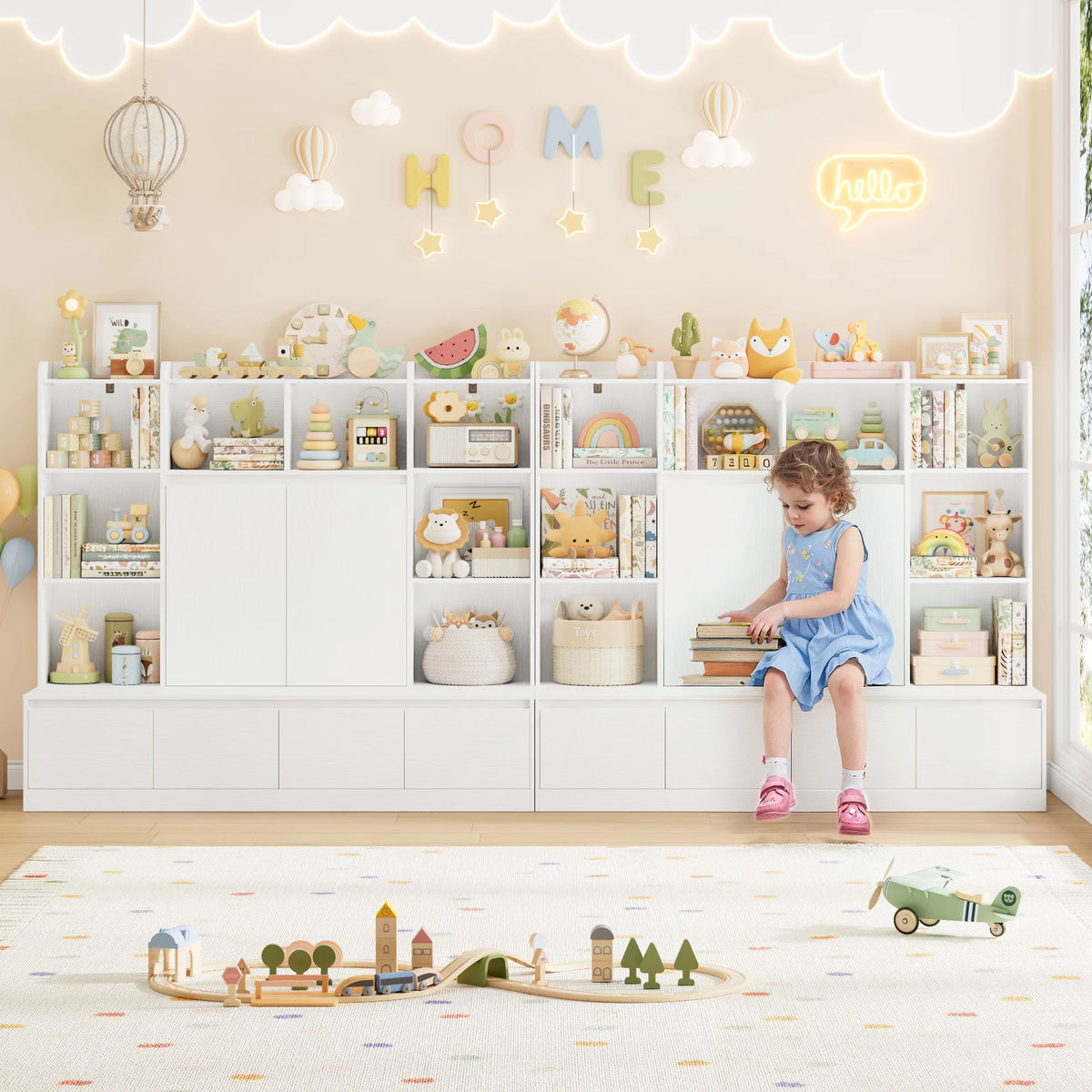 Homfa 10 Cubes Kids Toy Storage Organizer, 4 Drawers Kids Bookcase and Bookshelf with Doors & Adjustable Shelves for Playroom Kids Room, White
