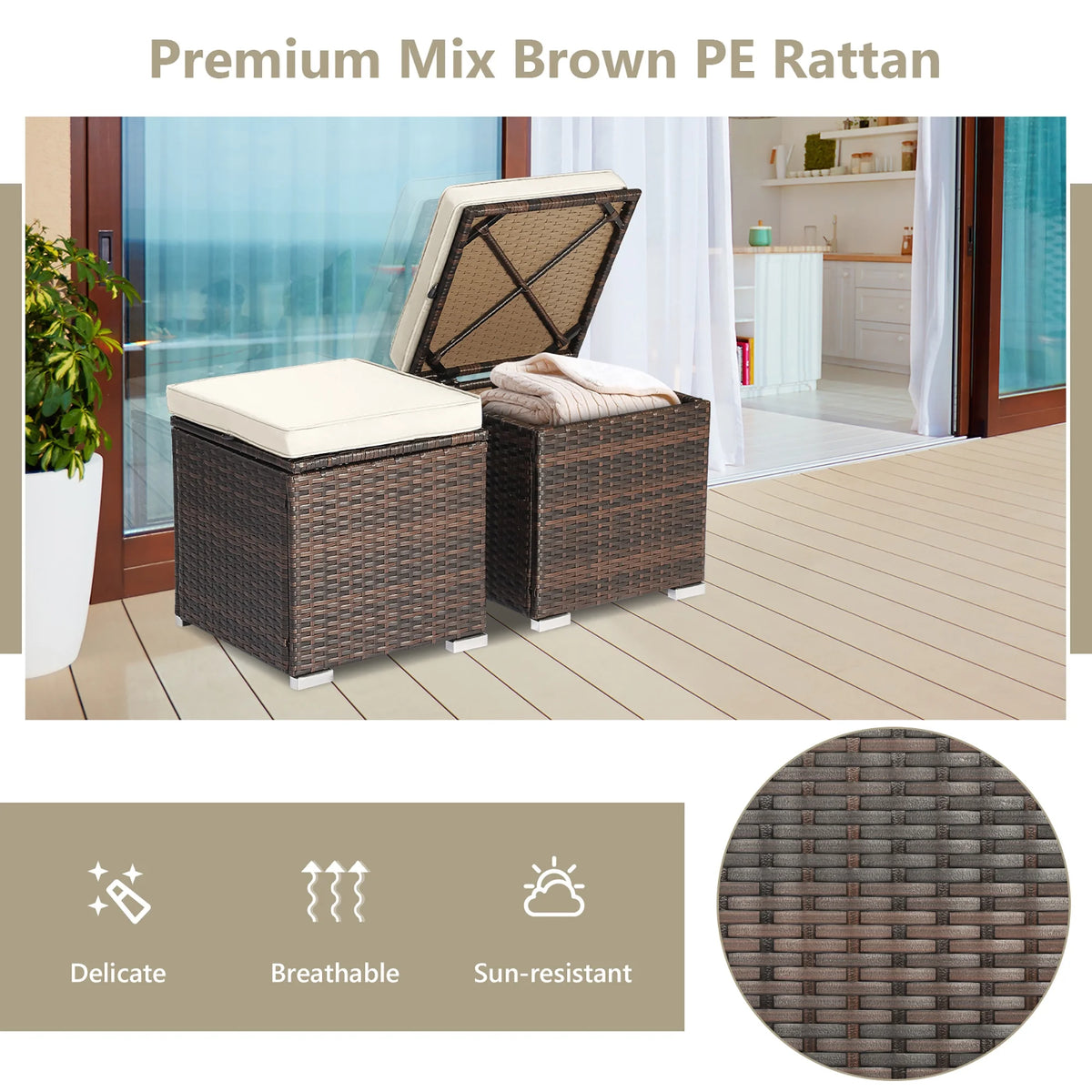 Costway 2PC Patio Rattan Ottoman Seat Side Table Storage Box Footrest Off White