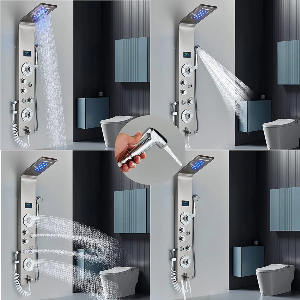 Shower Panel Tower System LED Rain&Waterfall Massage Jet Sprayer Stainless Steel
