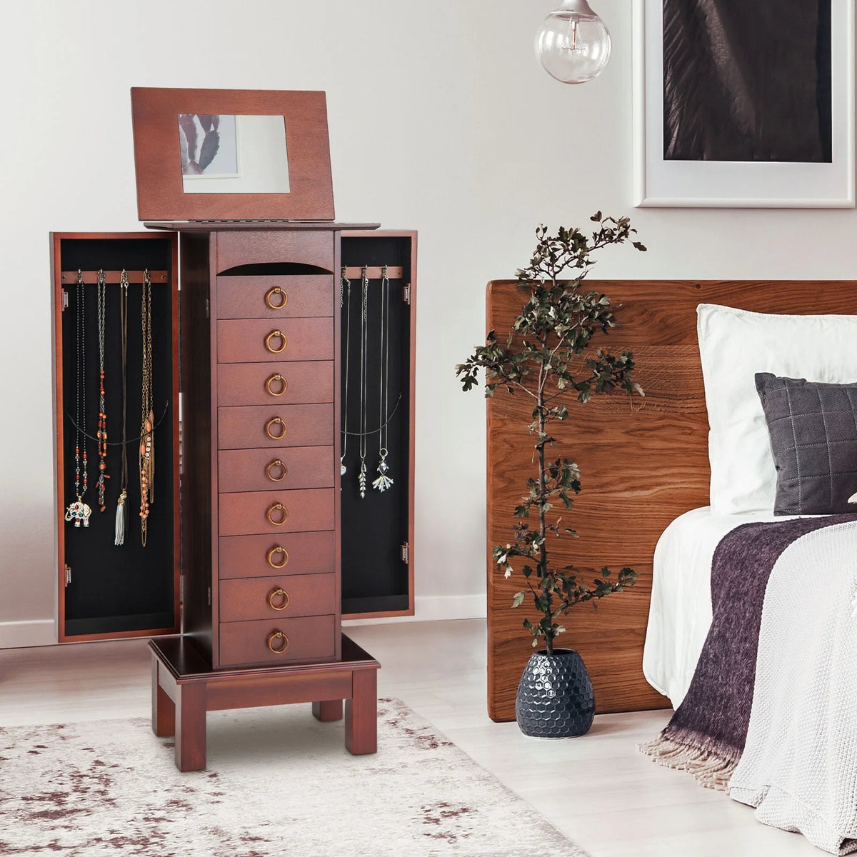 Costway Wood Jewelry Cabinet Armoire Storage Box Chest Stand Organizer Indoor Bedroom