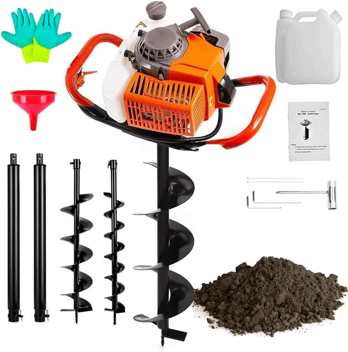 PRIJESSE Gas Powered Earth Digger Post Hole Digger with 3 Extension Rods + 3 Auger Drill Bits