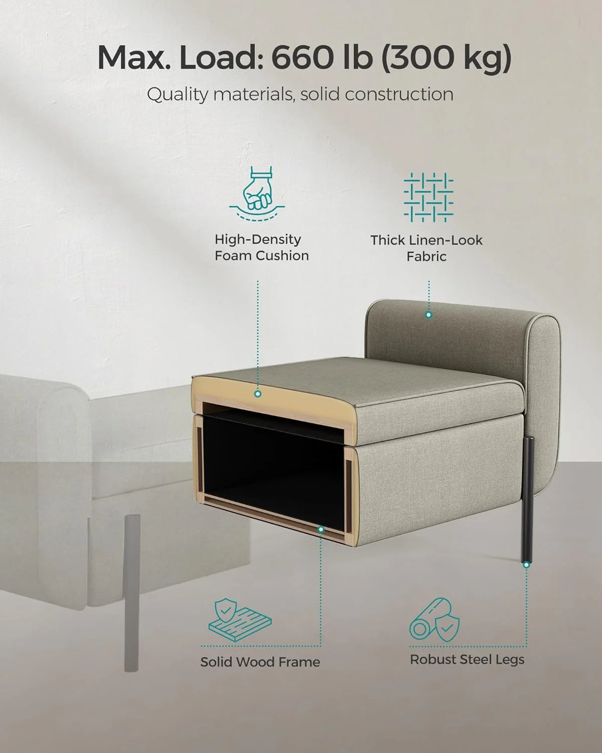 SONGMICS 46.5" Storage Ottoman Bench Storage Bench Bedroom Bench 330lb Load Capacity Solid Wood Legs Light Gray