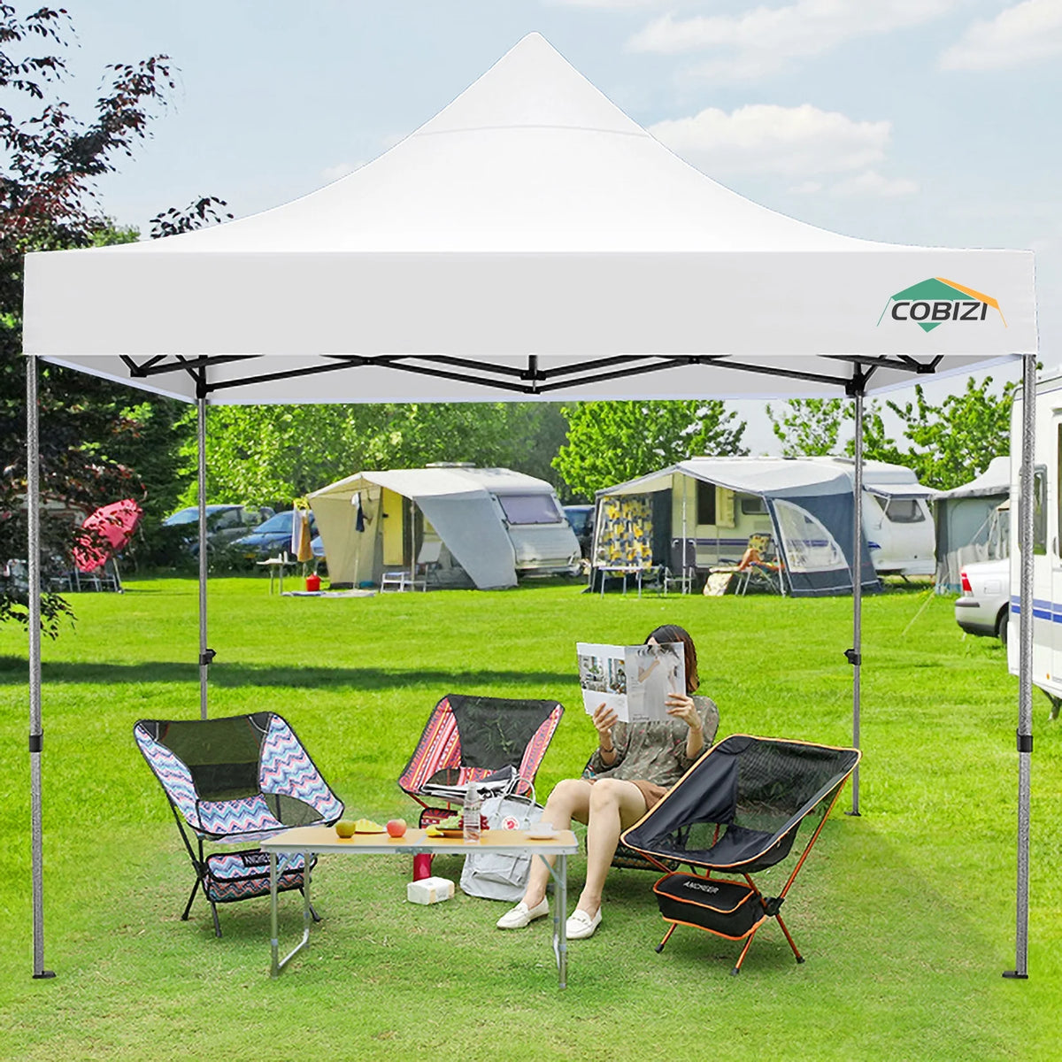 COBIZI 10x10 Heavy Duty Pop-up Canopy Tent for Outside, UPF 50+ Waterproof and Instant Outdoor Shelter, Outdoor Canopy for Beach,Party,Camping with Rope,Stake and Carrying Bag,White(Frame Thickened)