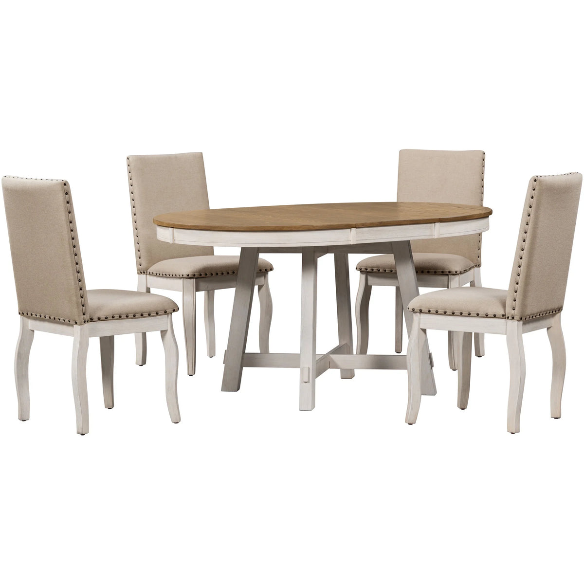 Bellemave 5-Piece Round Dining Table Set, Wood Farmhouse Extendable Dining Table and 4 Upholstered Dining Chairs, Kitchen Dining Table Set for 4 ��Antique White��