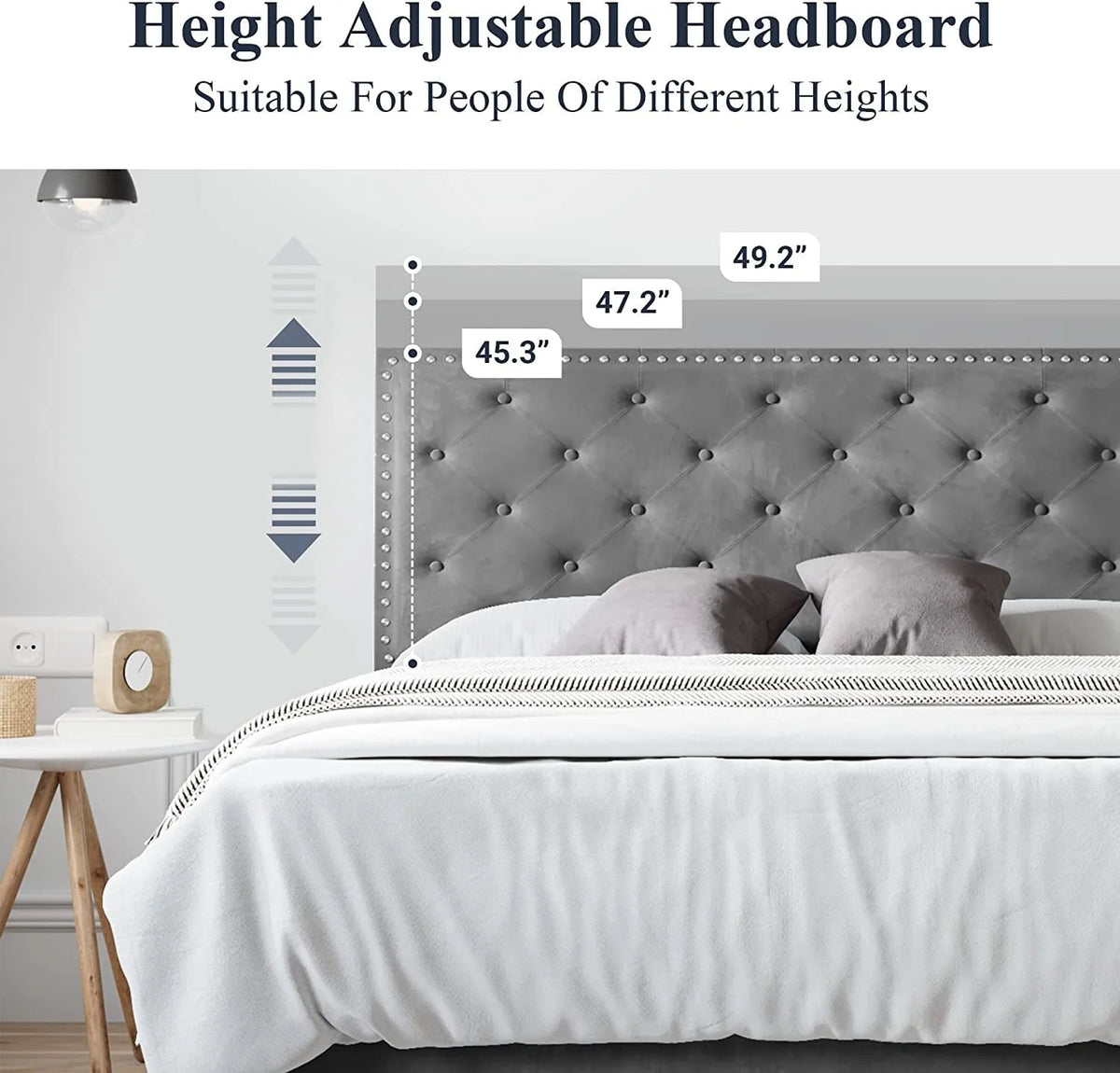 Allewie King Size Bed Frame, Velvet Upholstered Platform Bed with Adjustable Diamond Button Tufted & Nailhead Trim Headboard, Light Grey