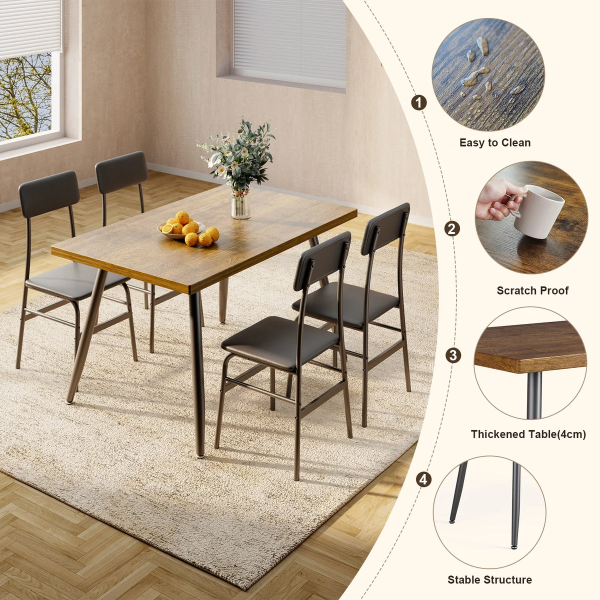 Aiho 5-Piece Modern Dining Set, Metal & Wood Table & 4 Chairs, Space-Saving for Small Spaces & Apartments, Retro