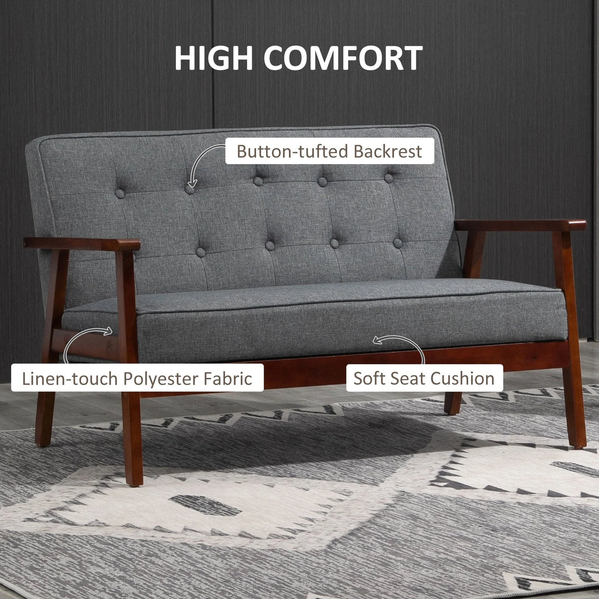 HOMCOM Modern Upholstered 2-Seat Loveseat Sofa with Linen-Touch Fabric and Rubberwood Legs, Grey