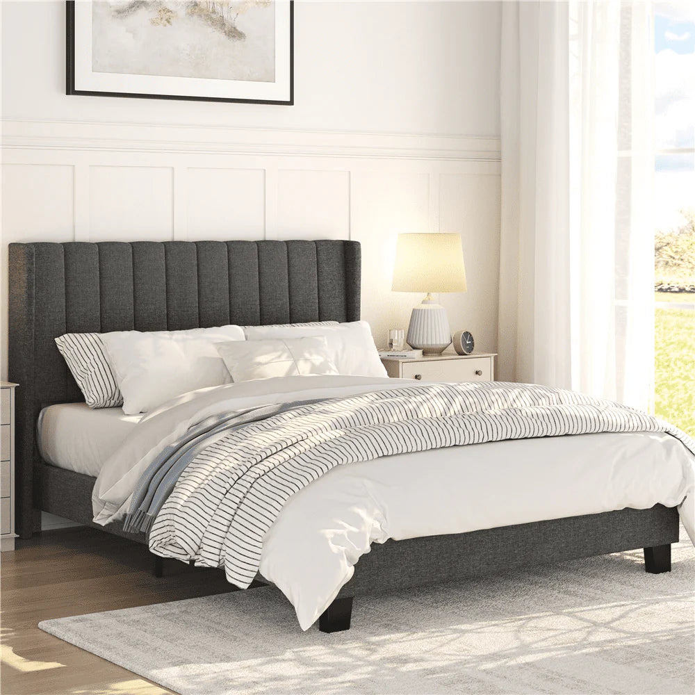 Yaheetech Upholstered Wingback Bed with Support and Mattress Foundation, Queen, Dark Gray