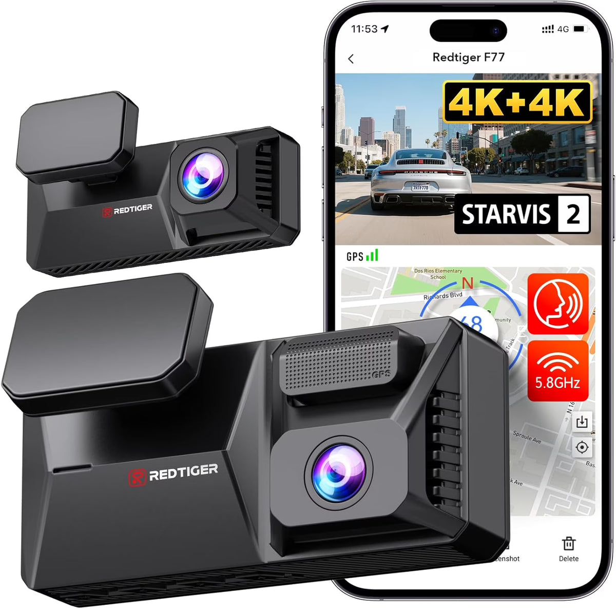REDTIGER 4K UHD Dual IMX678 Dash Cam with Starvis 2 Night Vision, 128GB eMMC, 5.8GHz WIFI, GPS Tracking, Parking Monitor