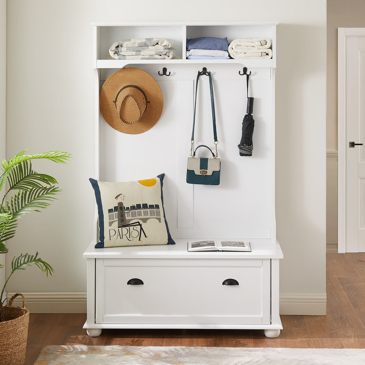 Solid Wood Coastal Style Hall Tree Entryway Bench with Coat Rack, Shoe Storage, and Open Shelves - White