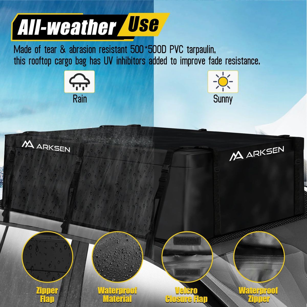 Arksen 29 Cubic Feet Waterproof Roof Top Luggage Storage Bag Heavy Duty Car Carrier Rooftop Bag W/ 12 Reinforced Straps, External Anti-slip Mat, 8 Door Hooks, For All Vechicles With/Without Rack
