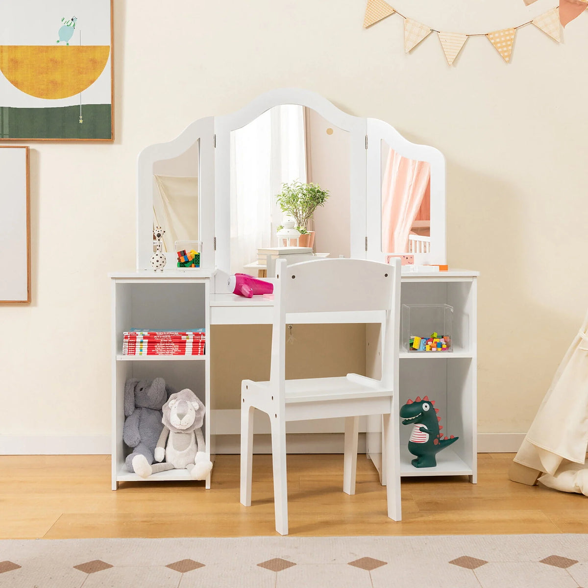 Gymax Kids Vanity 2 in 1 Princess Makeup Desk & Chair Set Safe Tri-fold Mirror White