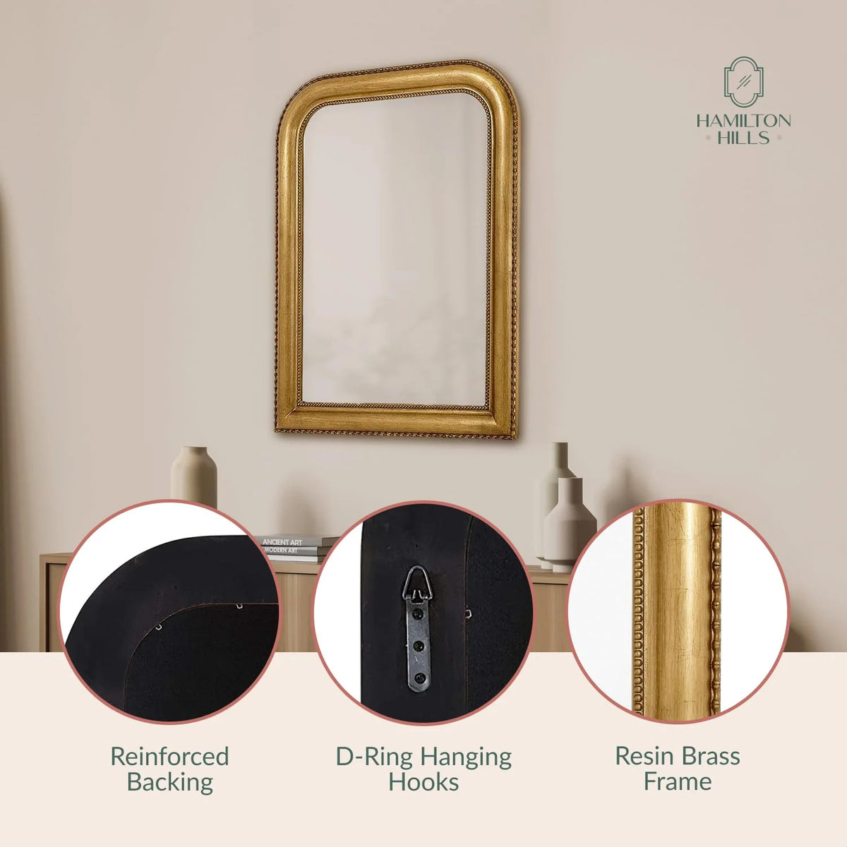 Hamilton Hills 36" x 24" Classic Gold Framed Polished Glass Top Round Corner Mirror - Thick Arched Top Rich Wall Mirror - Vanity for Bathroom Decor, Bedroom, Living Room - Hangs Horizontal or Vertica