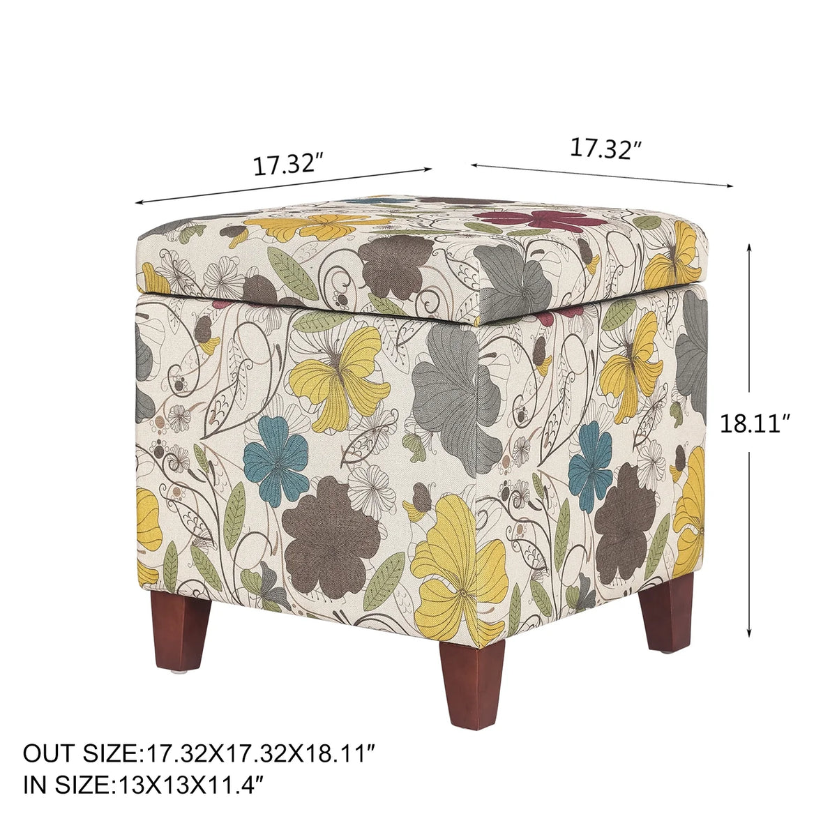 Homebeez Printed Linen Cube Storage Ottoman with Solid Wood Legs, Cube Footstool, Storage Cabinet, 18" H Weight Capacity 300LB Blue