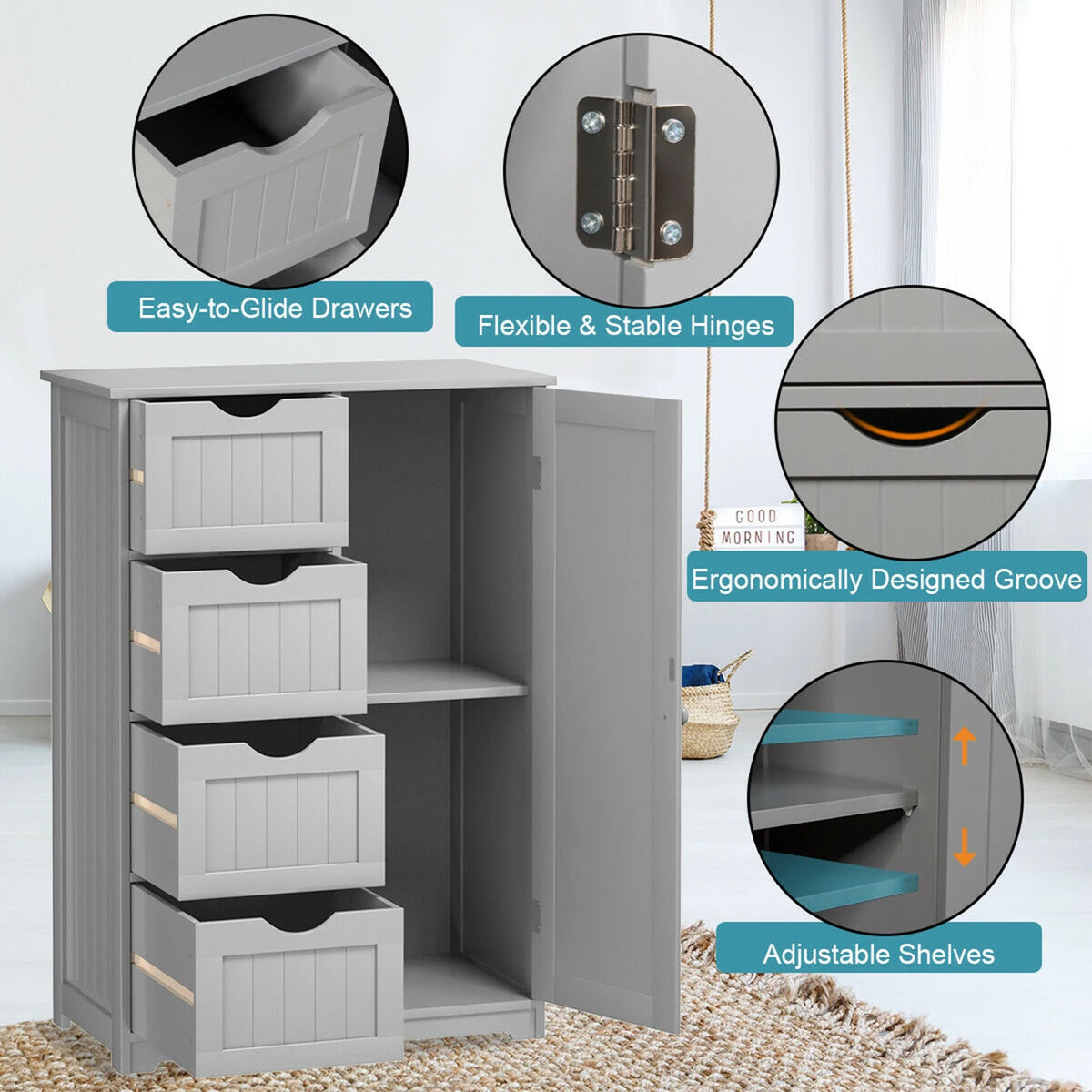 Gymax Bathroom Floor Cabinet Storage Organizer Cupboard w/ 4 Drawers Adjustable Shelf Grey