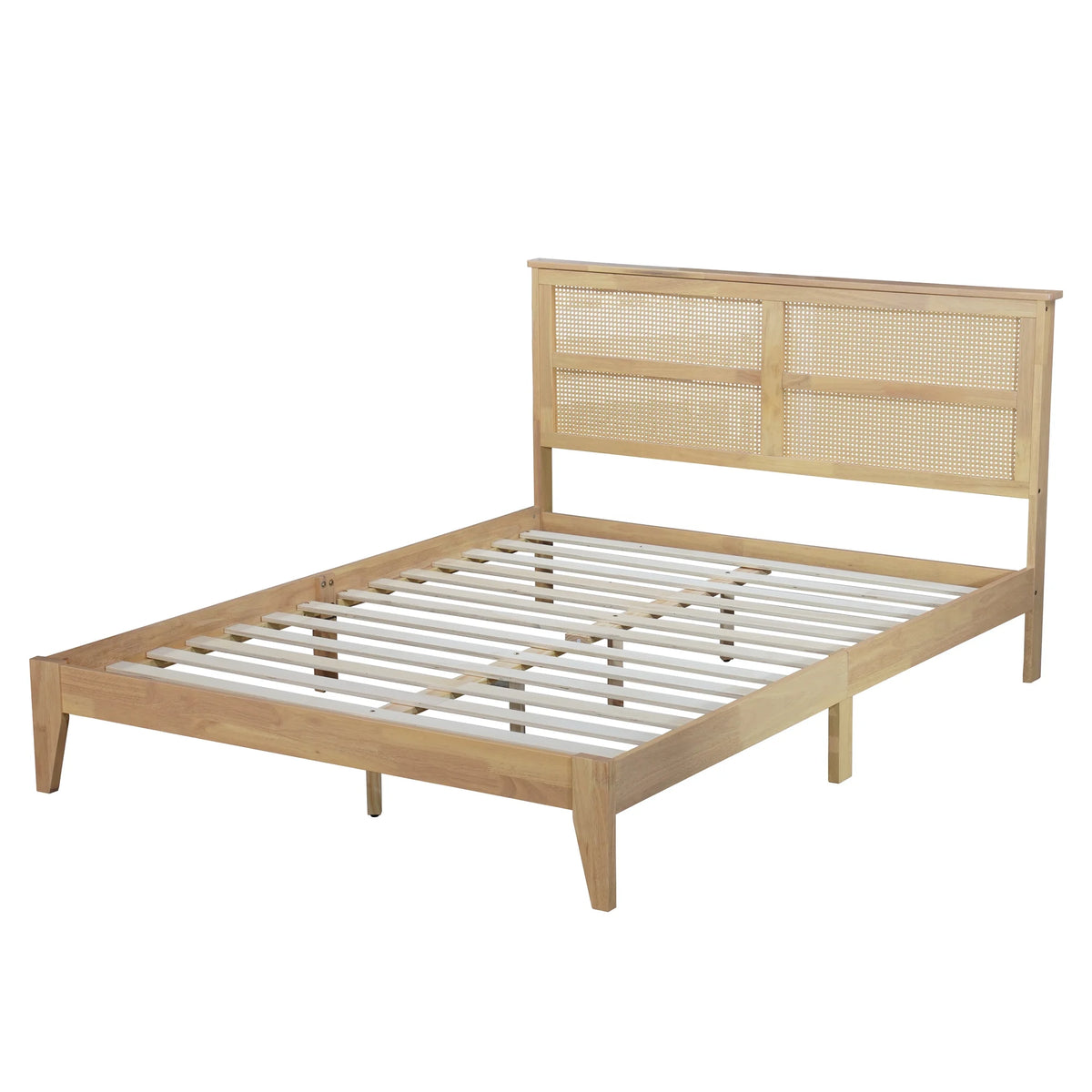 Miniyam Wood Queen Size Bed with with Rattan Headboard for Adult, Brown