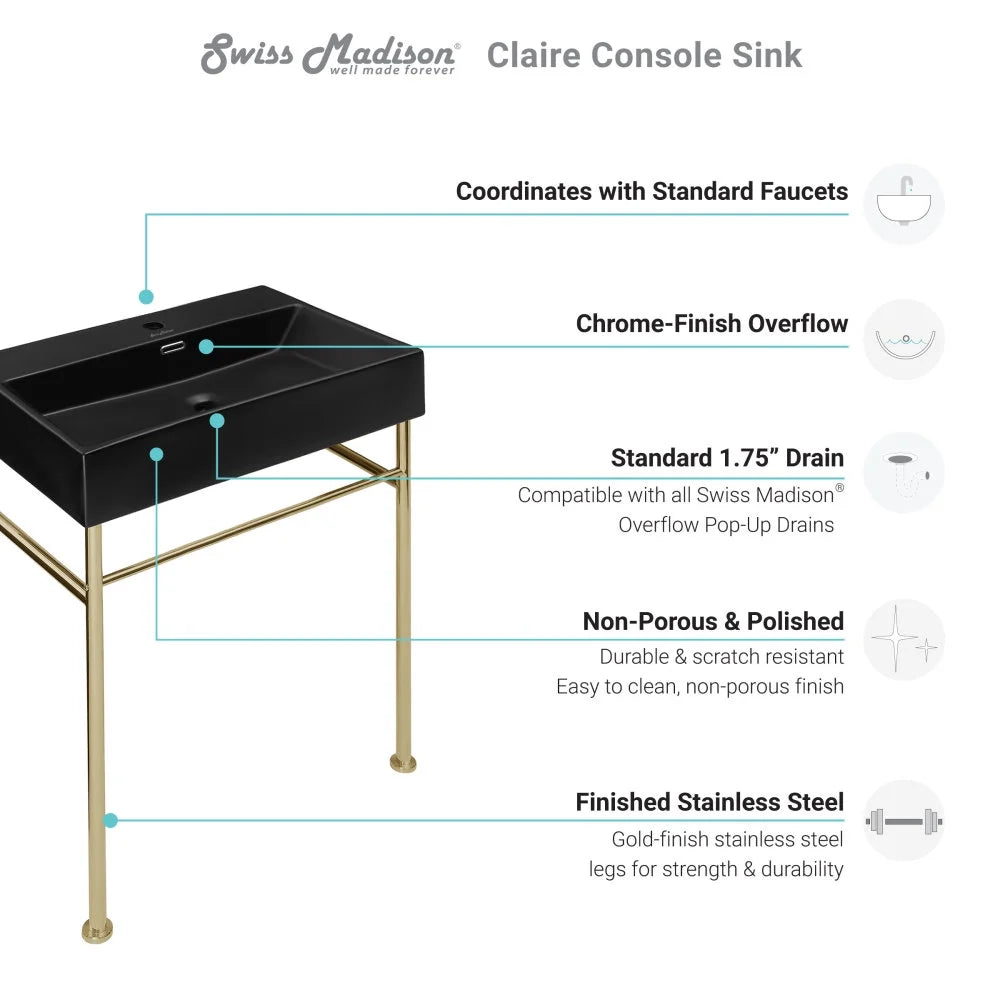 Claire 24 Ceramic Console Sink Matte Black Basin Brushed Gold Legs